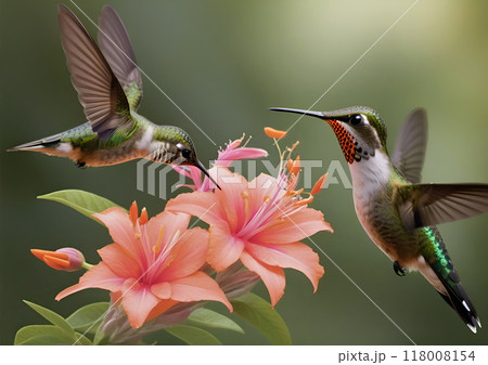 beautiful green hummingbirds flying under peach-pink color flowers. close up. Ai generated 118008154