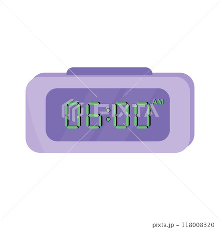 Digital alarm clock. Purple device timer, reminder symbol. Vector illustration. Isolated on white background Digital alarm clock. Purple device timer, reminder symbol. Vector illustration. Isolated on white background 118008320