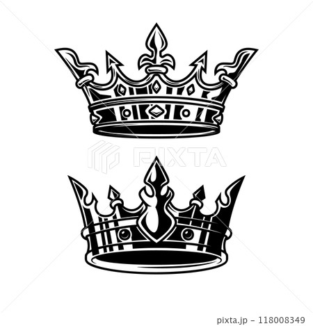Illustration of king crown in monochrome style. Design element for logo, emblem, sign, poster, t shirt. Vector illustration 118008349
