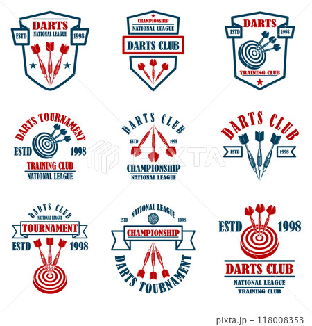 Set of emblems with darts. Design element for logo, label, sign, emblem. Vector illustration Set of emblems with darts. Design element for logo, label, sign, emblem. Vector illustration 118008353