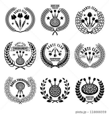 Set of emblems with darts. Design element for logo, label, sign, emblem. Vector illustration 118008359