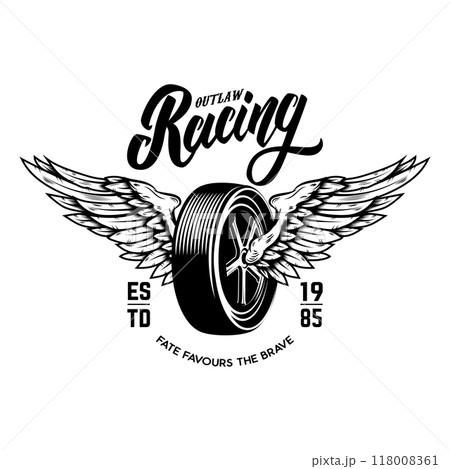 Racing. Tshirt print template with winged wheel. Vector illustration 118008361