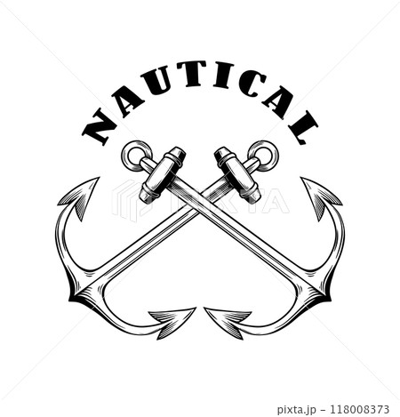 Nautical. Vintage emblem with crossed anchors. Design element for emblem, sign, badge, logo. Vector illustration Nautical. Vintage emblem with crossed anchors. Design element for emblem, sign, badge, logo. Vector illustration 118008373