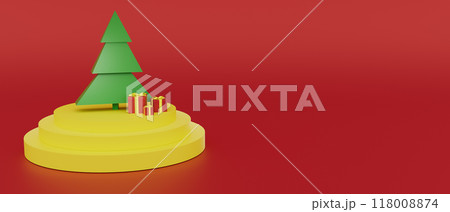 A Christmas tree is on a yellow platform with red background, 3d render 118008874