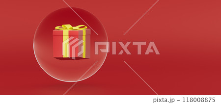 A red box with a yellow bow is inside a clear sphere, 3d render 118008875