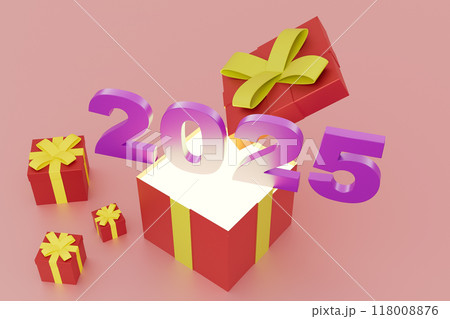 2025 concept A box of gifts is opened to reveal a large number of small boxes, 3d render 118008876