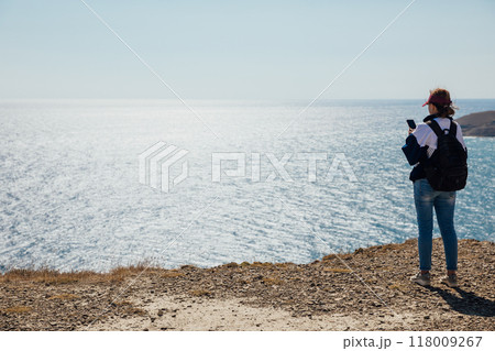 Woman Tourist Mountain Top Traveler Looking at Landscape Hiking 118009267