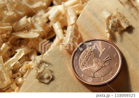 A new coin in the carpenter's workshop. A rare eurozone coin. Andorra 1 euro cent. A new coin in the carpenter's workshop. A rare eurozone coin. Andorra 1 euro cent. 118009325