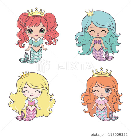 set of happy cute little mermaids isolated on a white background. Children's fantasy underwater sea siren with a long tail 118009332