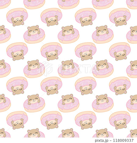 Seamless pattern with teddy bears, donuts. Hand draw lettering joy, sweet. Delicate color palette on a white background. 118009337