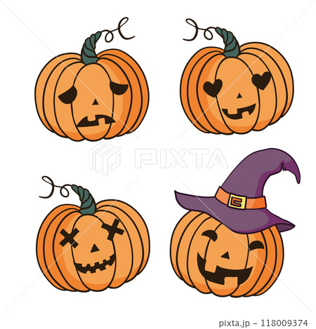 A set of pumpkins for Halloween. A terrifying collection of pumpkins for festive pumpkin lanterns. 118009374