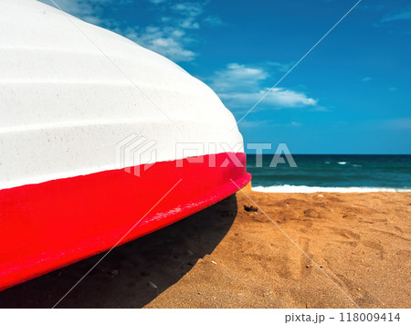 Lifeboat at seaside beach in summer 118009414