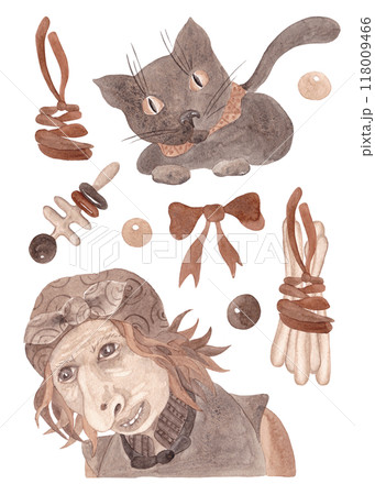 Baba Yaga. Character of black cat, good witch and her attributes. Watercolor isolated illustrations for Halloween 118009466