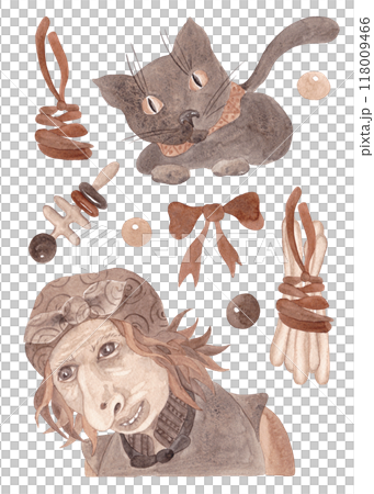 Baba Yaga. Character of black cat, good witch and her attributes. Watercolor isolated illustrations for Halloween 118009466