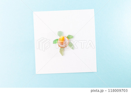 Handmade turtle using recycled materials, smooth sea glass, seashell for shell, summer postcard or gift, DIY tutorial, creative eco-friendly art, green sea glass limbs, orange seashell shell 118009703