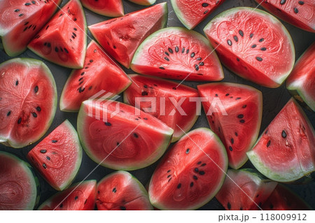 Freshly cut watermelon slices arranged on a surface, showcasing their vibrant red flesh and black seeds. The juicy and refreshing fruit, perfect for summer, offers a healthy and delicious treat rich Freshly cut watermelon slices arranged on a surface, showcasing their vibrant red flesh and black seeds. The juicy and refreshing fruit, perfect for summer, offers a healthy and delicious treat rich 118009912