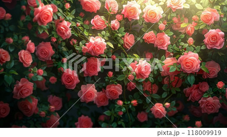 Lush wall of vibrant pink roses in full bloom, creating a romantic and elegant floral background 118009919