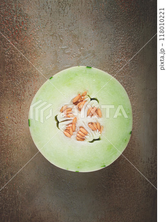 Dino melon, cut, on the table, top view, no people, Dino melon, cut, on the table, top view, no people, 118010221