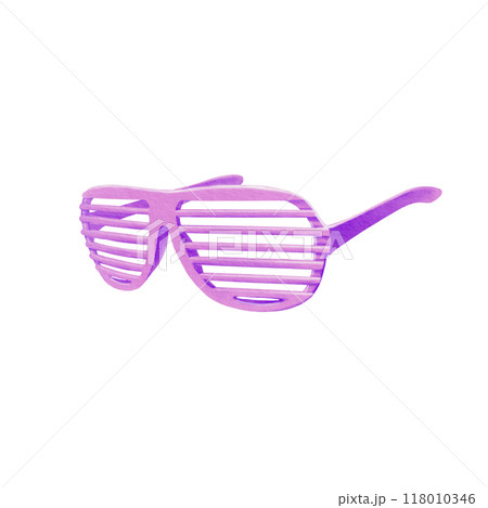 80s, 90s style trendy shutter glasses in bright acid color for theme parties, retro posters. Three-dimensional illustration in watercolor technique isolated on white background 80s, 90s style trendy shutter glasses in bright acid color for theme parties, retro posters. Three-dimensional illustration in watercolor technique isolated on white background 118010346