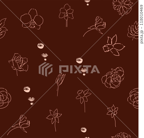 Woman face Continuous line seamless pattern. Abstract Female portrait with flowers. Drawing vector Wallpaper 118010469