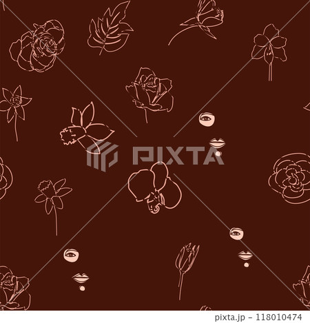 Woman face Continuous line seamless pattern. Abstract Female portrait with flowers. Drawing vector Wallpaper 118010474