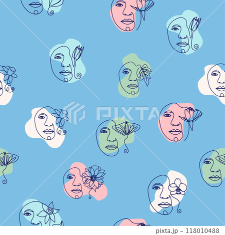 Female portrait Outline woman face, abstract flowers leaves, line continuous drawing vector seamless pattern 118010488