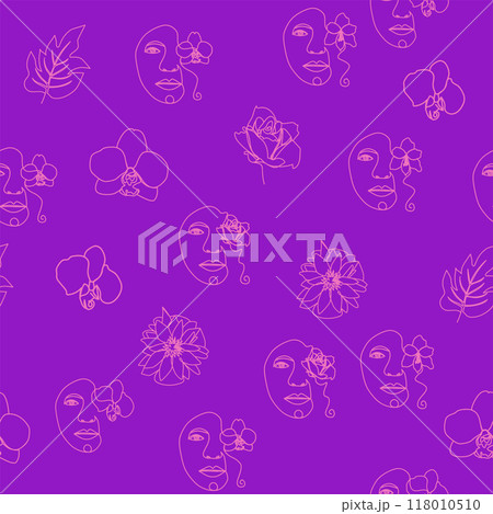 Woman face Continuous line seamless pattern. Abstract Female portrait with flowers. Drawing vector Wallpaper 118010510