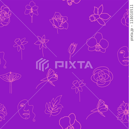 Woman face Continuous line seamless pattern. Abstract Female portrait with flowers. Drawing vector Wallpaper Woman face Continuous line seamless pattern. Abstract Female portrait with flowers. Drawing vector Wallpaper 118010511