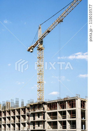 Construction industry building. Construction industry site with cranes, fittings and concrete. Construction industry building. Construction industry site with cranes, fittings and concrete. 118010577