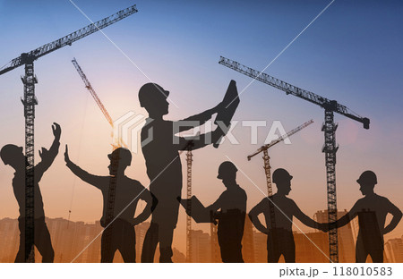 Construction technology banner background. Construction site with cranes, fittings and concrete. Construction technology banner background. Construction site with cranes, fittings and concrete. 118010583