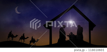 Nativity scene with the Magi in the desert, the star and the birth of Jesus Christ at night. Christian Christmas and the gifts of the Magi concept. 118010601