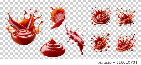 Set of red splashes of tomato ketchup - isolated on a transparent PNG Background - ketchup stain dirty seasoning condiment food - - cut out - clipping path Set of red splashes of tomato ketchup - isolated on a transparent PNG Background - ketchup stain dirty seasoning condiment food - - cut out - clipping path 118010781