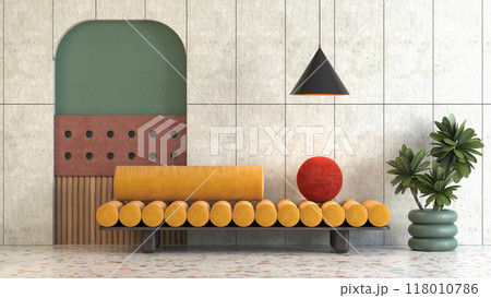Memphis style conceptual interior room 3d illustration Memphis style conceptual interior room 3d illustration 118010786