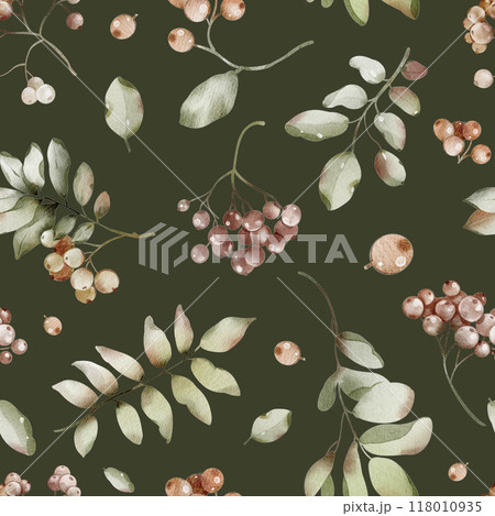 Seamless pattern Autumn Watercolor herbarium rowan and leaves isolated illustration. Element for fabrics for tea packaging design and card, label. Botanical background from berries. 118010935