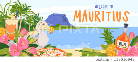 View from the beach to the panorama of Mauritius island and Le Morne Brabant mountain. Dodo bird, flowers trochetia boutoniana, pineapple, rum, cocktail. Vector landmarks in flat style. Paradise. 118010945