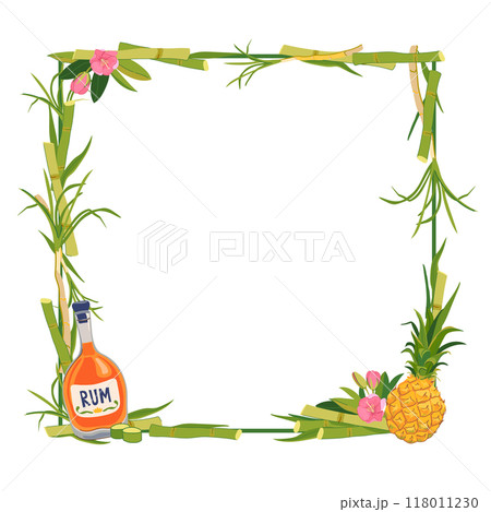 Vector square frame with rum bottle, pineapple and tropical flowers. Template for text. Illustration for beach bar menu. Cruise vacation, summer holidays, party, cafe, vacation. Vector square frame with rum bottle, pineapple and tropical flowers. Template for text. Illustration for beach bar menu. Cruise vacation, summer holidays, party, cafe, vacation. 118011230