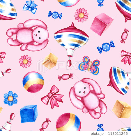 Seamless pattern with children's toys, cubes, balls and plush bunnies, bows and butterflies. Handmade watercolor illustrations. On a pink background. For wrapping paper, textiles, children's clothing. Seamless pattern with children's toys, cubes, balls and plush bunnies, bows and butterflies. Handmade watercolor illustrations. On a pink background. For wrapping paper, textiles, children's clothing. 118011246