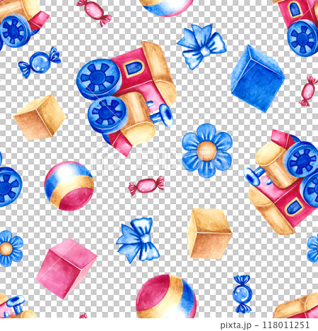 Seamless pattern with children's toys. children's trains, cubes and balls. Handmade watercolor illustrations. For wrapping paper, textiles, children's clothing, postcards, wallpaper, packaging. 118011251