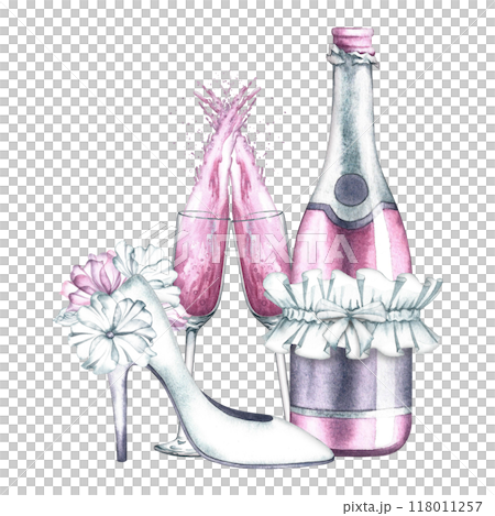 The wedding composition is made in delicate white and pink tones. The bride's high-heeled shoe decorated with flowers, a bottle and a glass of pink champagne. Watercolor illustration made by hand. The wedding composition is made in delicate white and pink tones. The bride's high-heeled shoe decorated with flowers, a bottle and a glass of pink champagne. Watercolor illustration made by hand. 118011257