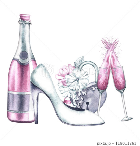 Wedding composition. The bride's slipper, a heart-shaped padlock decorated with flowers, and champagne in glasses. Wedding attributes for the observance of tradition. Handmade watercolor illustration. 118011263