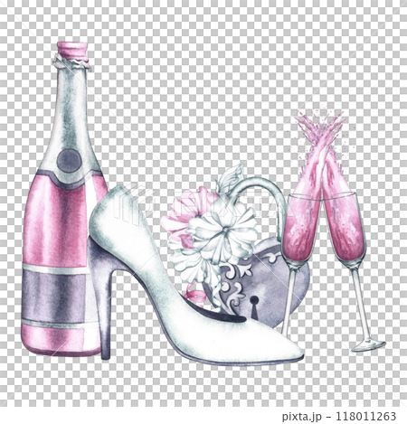Wedding composition. The bride's slipper, a heart-shaped padlock decorated with flowers, and champagne in glasses. Wedding attributes for the observance of tradition. Handmade watercolor illustration. 118011263