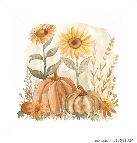 Autumn composition with pumpkins and sunflowers. Watercolor illustration 118011324
