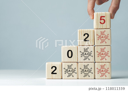 Assembled wooden cubes on the topic of the application of artificial intelligence in business 118011339