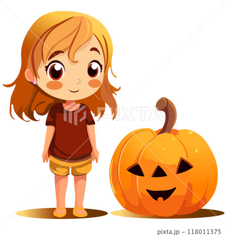 Halloween Theme Pumpkin Girl Jack-o-lantern. Vector illustration pictures for postcards of Halloween greetings for girls and boys. as well as for the design of websites and business cards related to 118011375