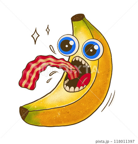 Hungry Banana Fruit Character with big eyes and mouth Wants to eat bacon Print for t-shirt 118011397