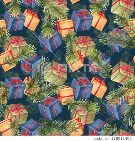 Christmas seamless pattern with gift boxes and fir branches. Winter holiday background. 118011406