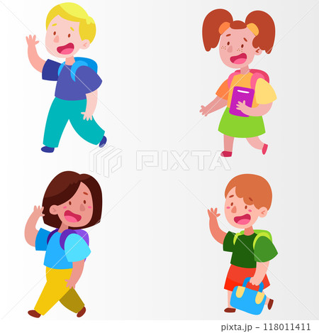 Primary school students communicate and smile as they go. Children with school backpacks greet and greet each other with gestures Boys and girls. Vector illustration  118011411