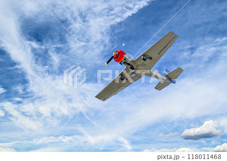 View of an aerobatic plane (aerodyne), in flight under a blue sky with white clouds. flight exhibitions 118011468