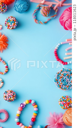 A vibrant arrangement of handmade jewelry, craft beads, and colorful supplies on a soft blue backdrop invites creativity and DIY inspiration for all ages A vibrant arrangement of handmade jewelry, craft beads, and colorful supplies on a soft blue backdrop invites creativity and DIY inspiration for all ages 118011623