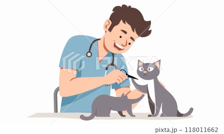 A veterinarian smiles while examining two gray cats at a clinic. One cat is on the table, while the other stands beside him, offering a friendly atmosphere 118011662